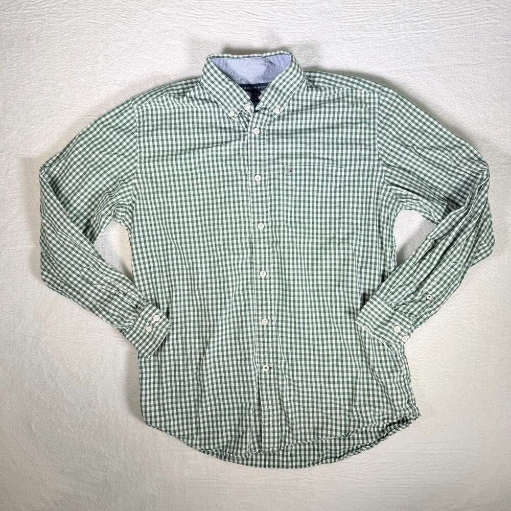Tommy‎ Hilfiger Men’s Button Down Long Sleeve Green Gingham Size Medium Oxford